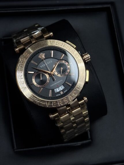 VERSACE FULL ROSE GOLDAND BLACK DIAL CHRONOGRAPH ACTIVE LUXURIOUS MEN’S WATCH.