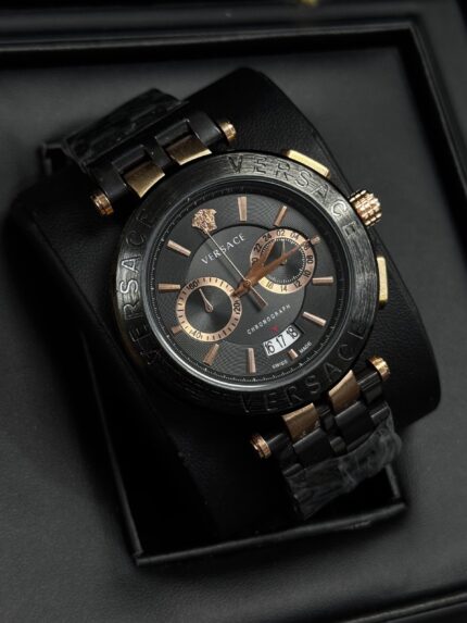 VERSACE BLACK AND ROSE GOLD CHRONOGRAPH ACTIVE LUXURIOUS MEN’S WATCH.