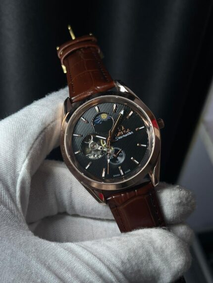 SEAMASTER LUXURY AUTOMATIC WATCH – BLACK DIAL / BROWN STRAP / ROSE GOLD CASE