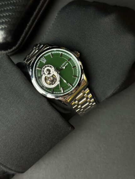 SEIKO AUTOMATIC OPEN HEART SILVER CHAIN GREEN DIAL