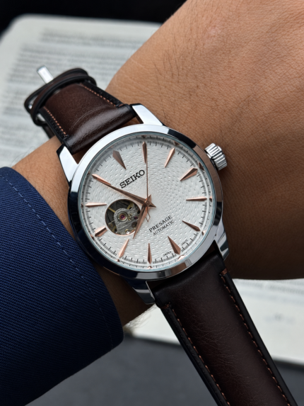Seiko Presage Automatic Open Heart | White Dial & Brown Leather Strap