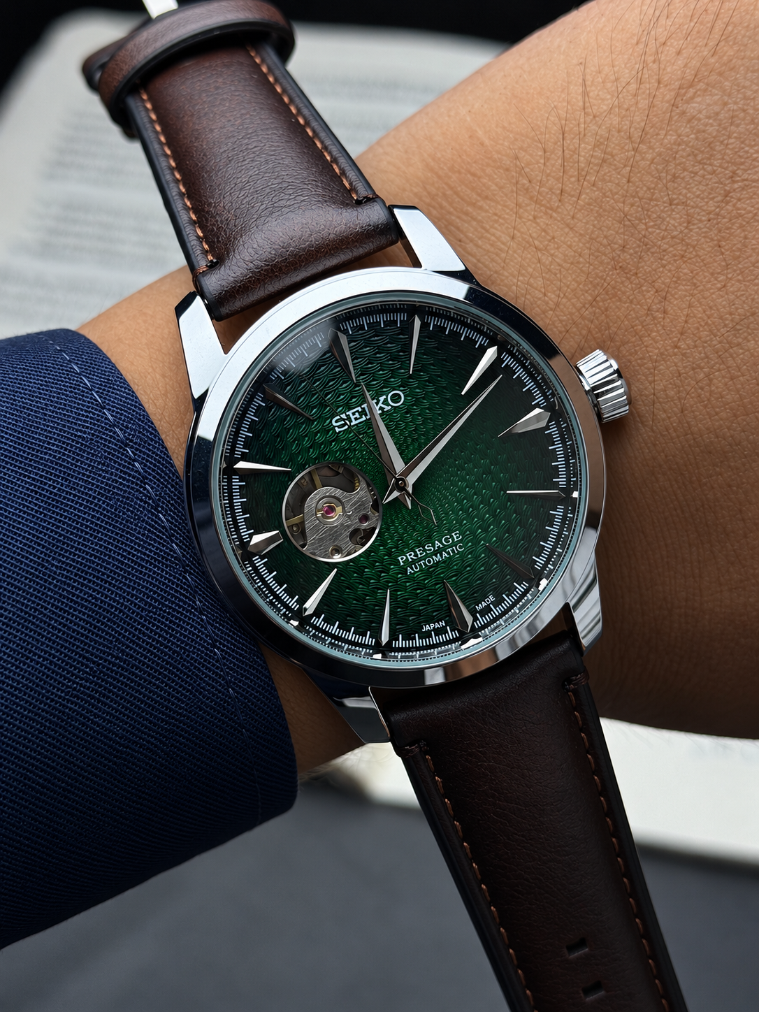 IMG_7652 Seiko Presage Automatic Open Heart | Green Dial & Brown Leather Strap - Image 1