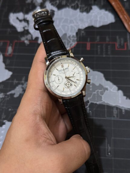 Patek Philippe Genève Chronograph Watch – White Dial | Black Leather Strap