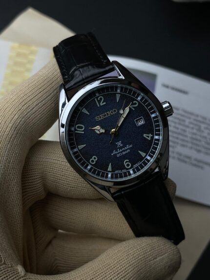 Seiko Automatic 20 BAR Leather Strap Watch – Blue Dial | Black Leather Strap