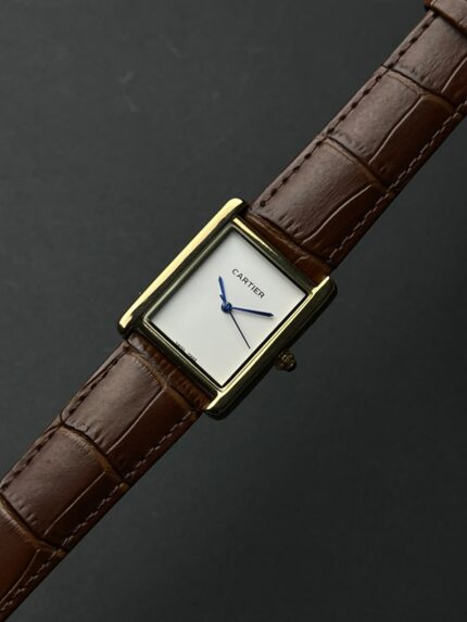 Cartier Tank Minimalist Leather Edition – White Dial with Brown Crocodile Pattern Leather Strap & Gold-Tone Case
