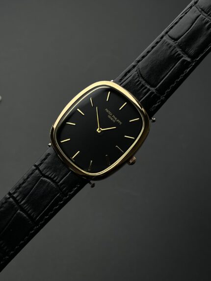 Patek Philippe Cushion Classic – Black Dial, Gold Case & Black Leather Strap
