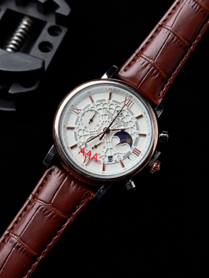 Patek Philippe Style Moonphase Chronograph – White Dial & Brown Leather Strap
