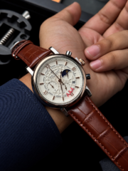 Patek Philippe Style Moonphase Chronograph – White Dial & Brown Leather Strap - Image 2