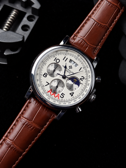 Patek Philippe Style Chronograph – Silver Dial & Brown Leather Strap
